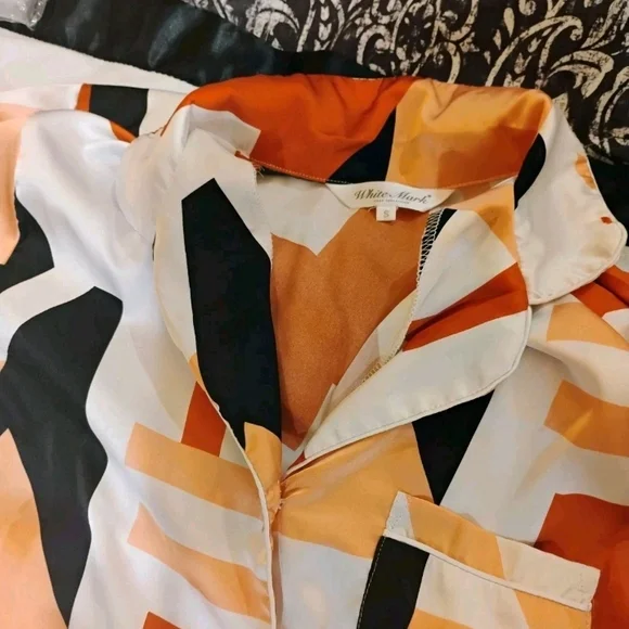 White Mark Geometric Pajama Set - Black, White, Orange - Picture 5 of 14